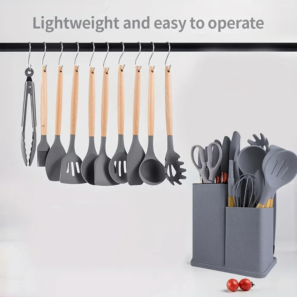 19 Pcs Heat-Resistant Silicone Kitchen Utensil Set w/ Knives Non-Stick Tools in Bamboo Storage Ideal for Hassle-Free Cooking