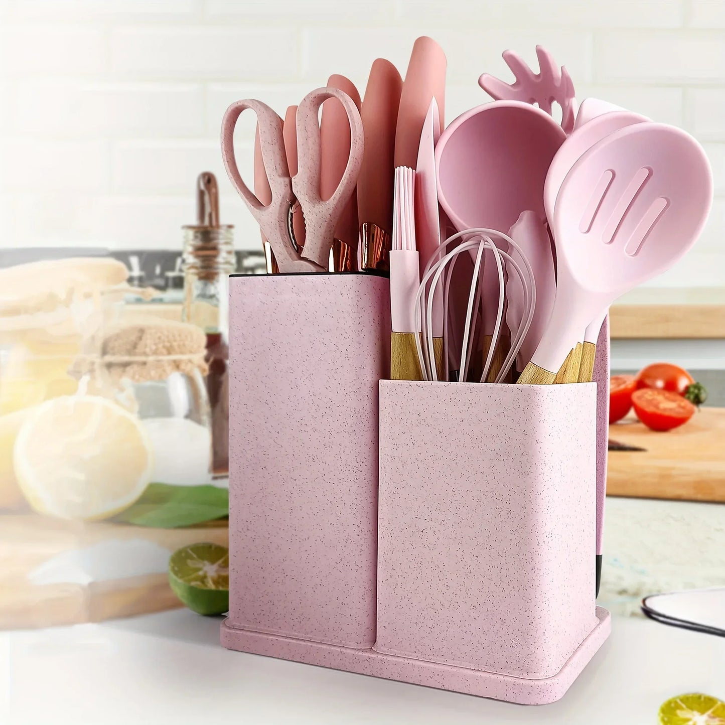 19 Pcs Heat-Resistant Silicone Kitchen Utensil Set w/ Knives Non-Stick Tools in Bamboo Storage Ideal for Hassle-Free Cooking