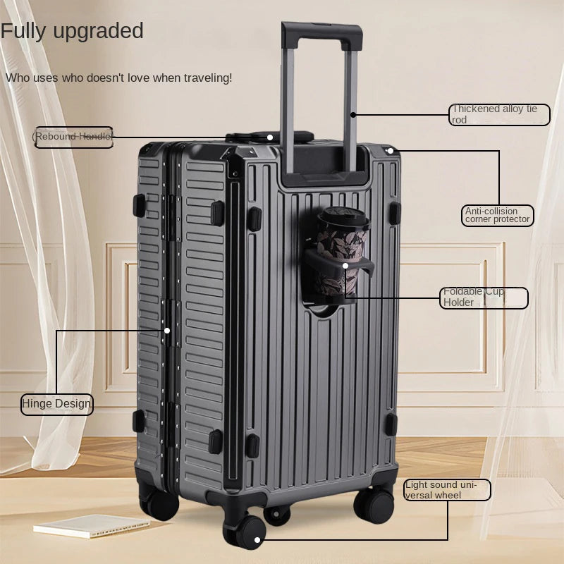Five-wheel Aluminum Frame Suitcase 30 inch Multifunctional Cabin Password Trolley Case Luggage with USB Cup Holder Suitcases