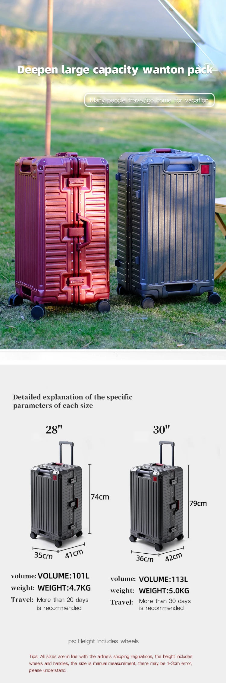 Suitcase Wide Handle Travel Suitcase Men 20 24 26 Carry-On Luggage Women PC Aluminum Frame Trolley Case