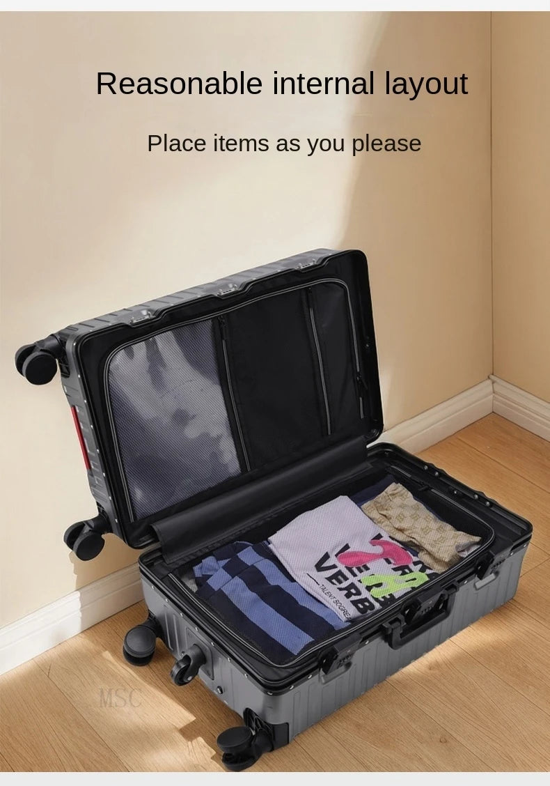 30 Inch Five-Wheel Aluminum Frame Multifunctional Cabin Suitcase with Password Trolley USB Cup Holder - Travel Luggage for Unisex