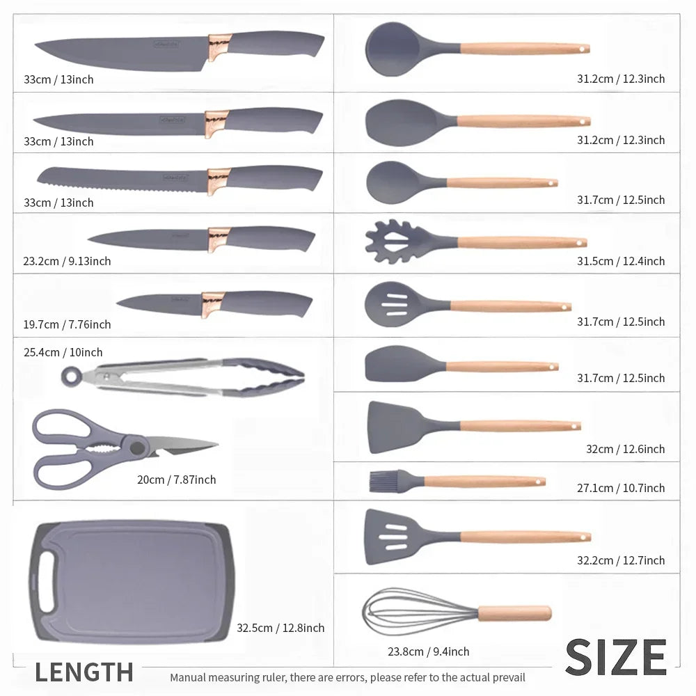 19 Pcs Heat-Resistant Silicone Kitchen Utensil Set w/ Knives Non-Stick Tools in Bamboo Storage Ideal for Hassle-Free Cooking