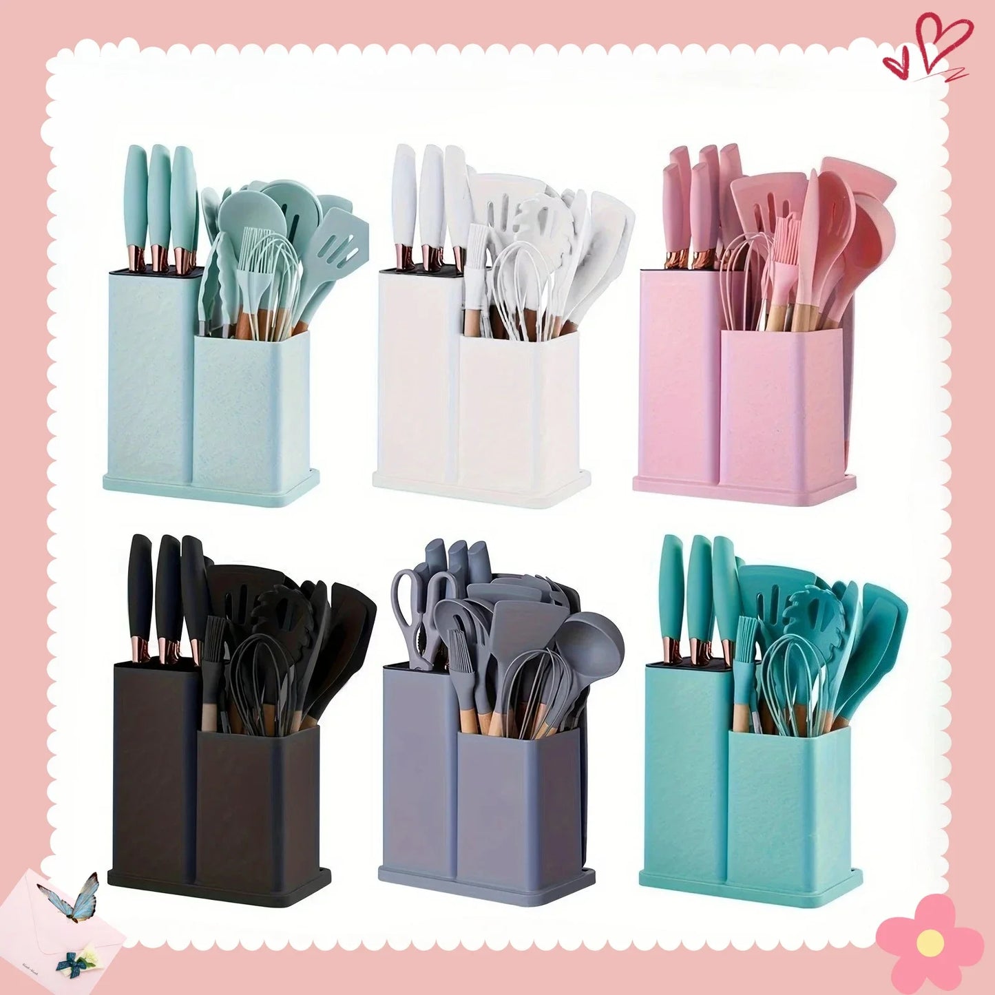 19 Pcs Heat-Resistant Silicone Kitchen Utensil Set w/ Knives Non-Stick Tools in Bamboo Storage Ideal for Hassle-Free Cooking