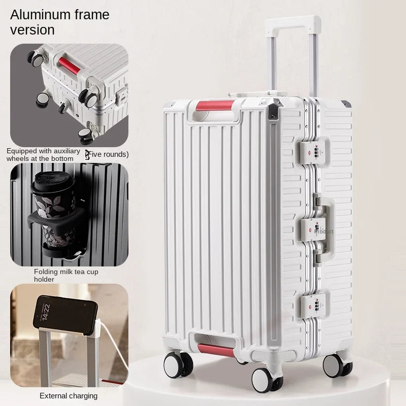 Five-wheel Aluminum Frame Suitcase 30 inch Multifunctional Cabin Password Trolley Case Luggage with USB Cup Holder Suitcases