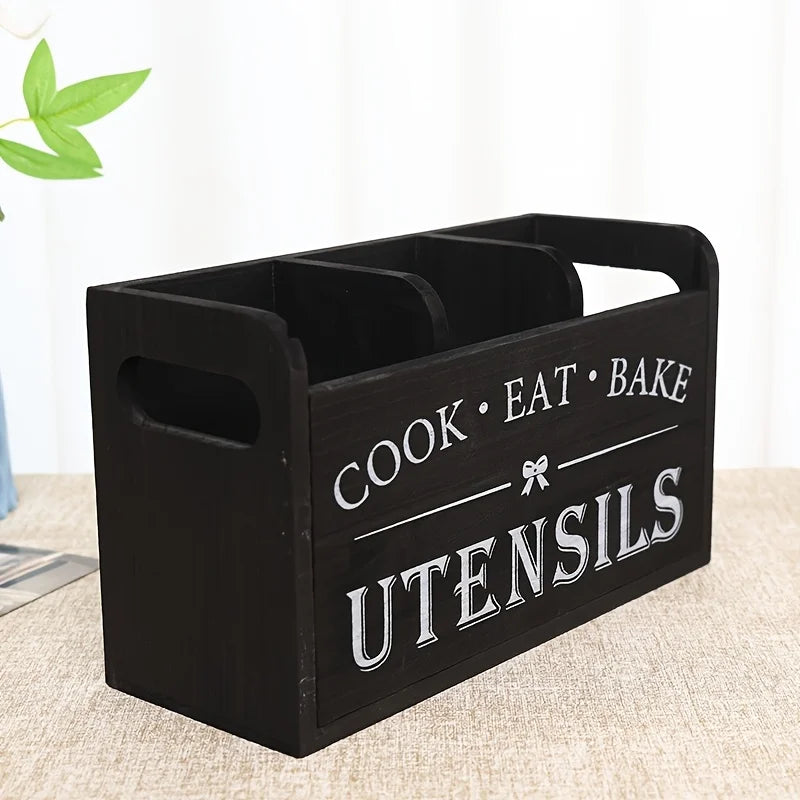 1pc Kitchen with Compartmentalized Cutlery Storage Rack, Rustic Style Wooden Countertop Organizer, Kitchenware Accessories