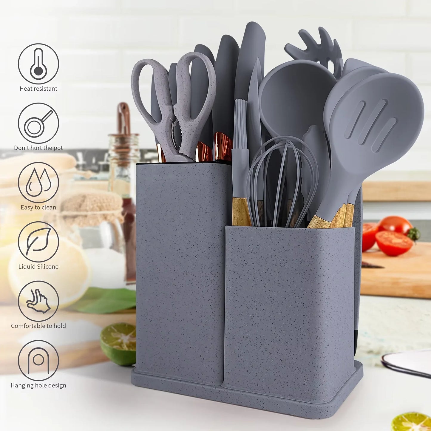 19 Pcs Heat-Resistant Silicone Kitchen Utensil Set w/ Knives Non-Stick Tools in Bamboo Storage Ideal for Hassle-Free Cooking