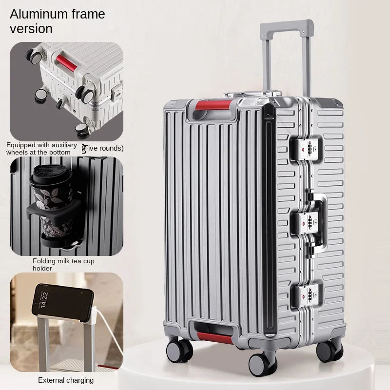 30 Inch Five-Wheel Aluminum Frame Multifunctional Cabin Suitcase with Password Trolley USB Cup Holder - Travel Luggage for Unisex