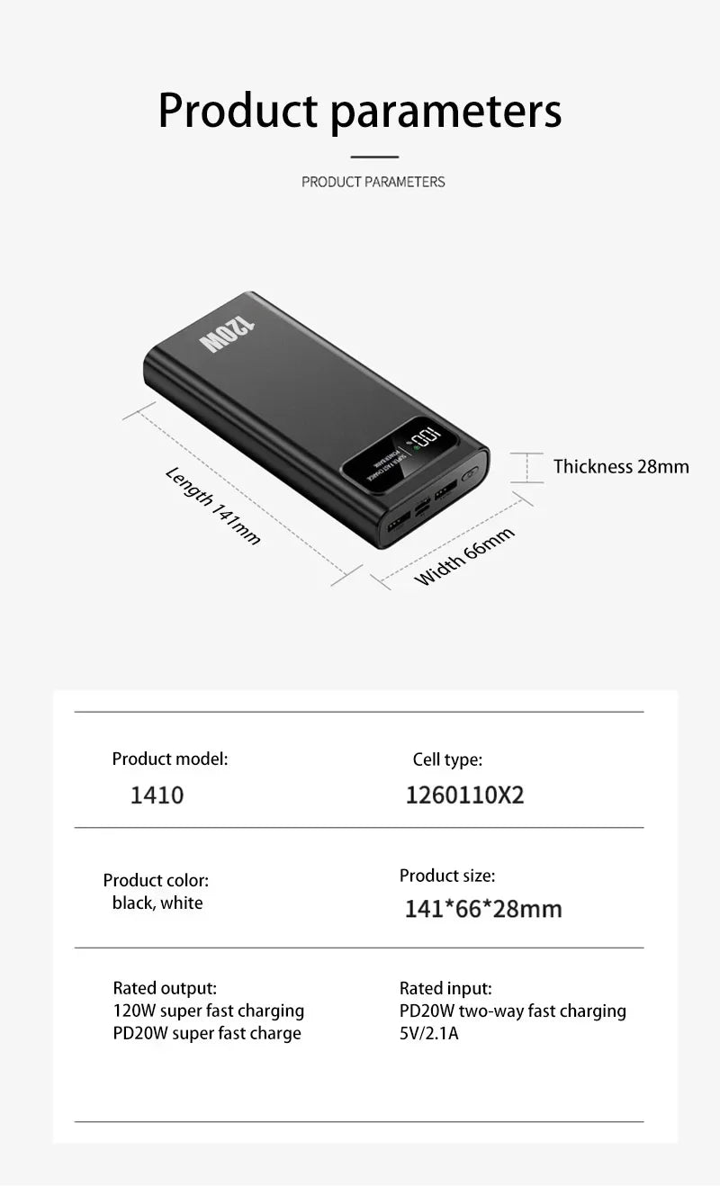 200000mAh Power Bank 120W Super Fast Charging Ultralarge Capacity With LED Digital Display Portable External Battery For Phones