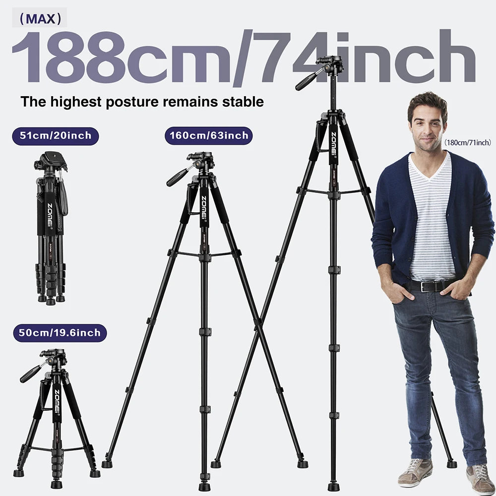 Zomei Q188 188cm Professional photography accessories video camera DSLR tripod for phone with phone holder