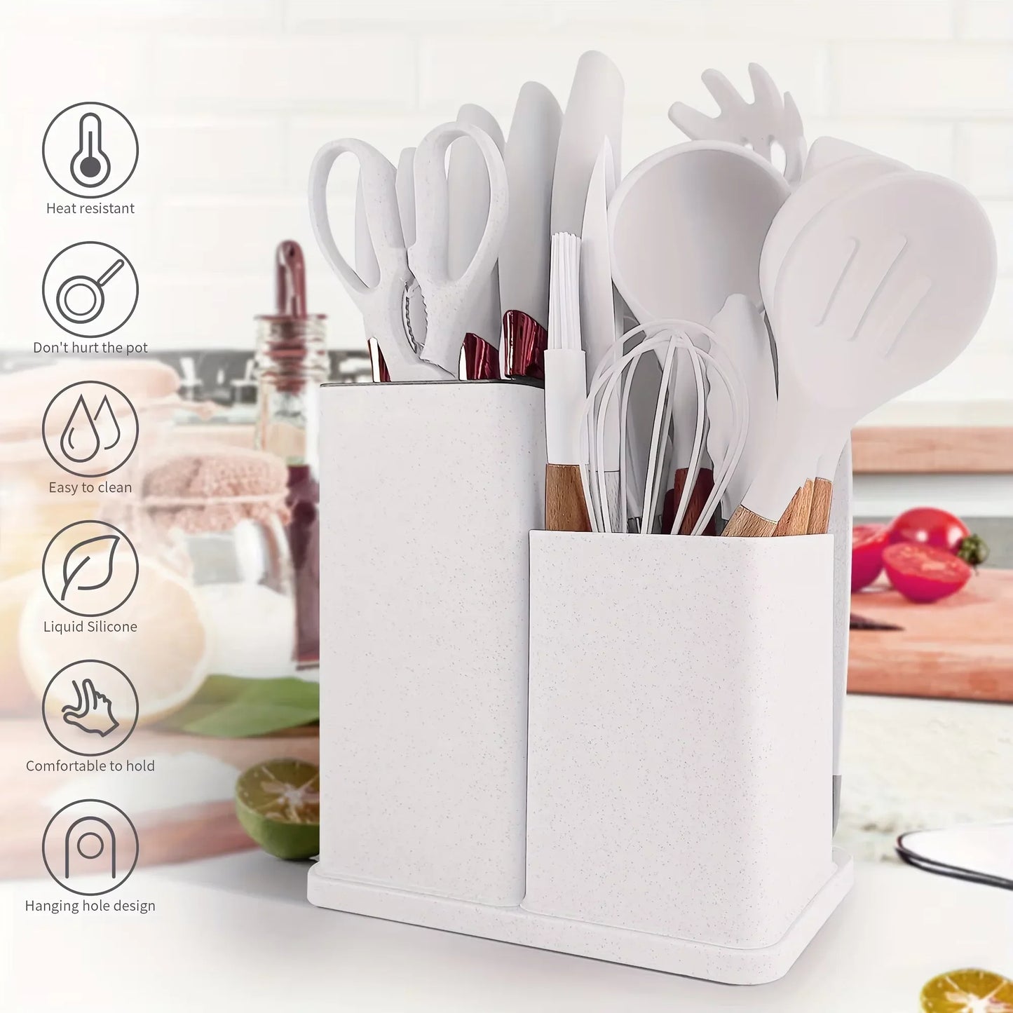 19 Pcs Heat-Resistant Silicone Kitchen Utensil Set w/ Knives Non-Stick Tools in Bamboo Storage Ideal for Hassle-Free Cooking