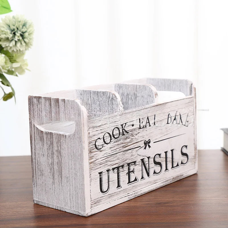 1pc Kitchen with Compartmentalized Cutlery Storage Rack, Rustic Style Wooden Countertop Organizer, Kitchenware Accessories