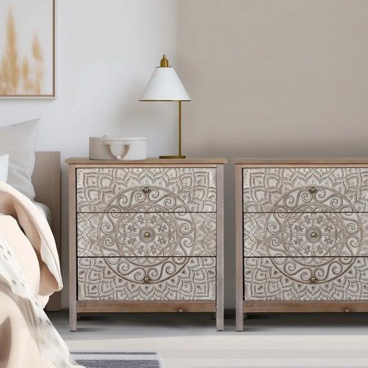 3 Drawer Dresser Set of 2, Large Chest of Drawers with Roller Slides Farmhouse 30.5" Tall Wooden Nightstand Boho Accent Storage