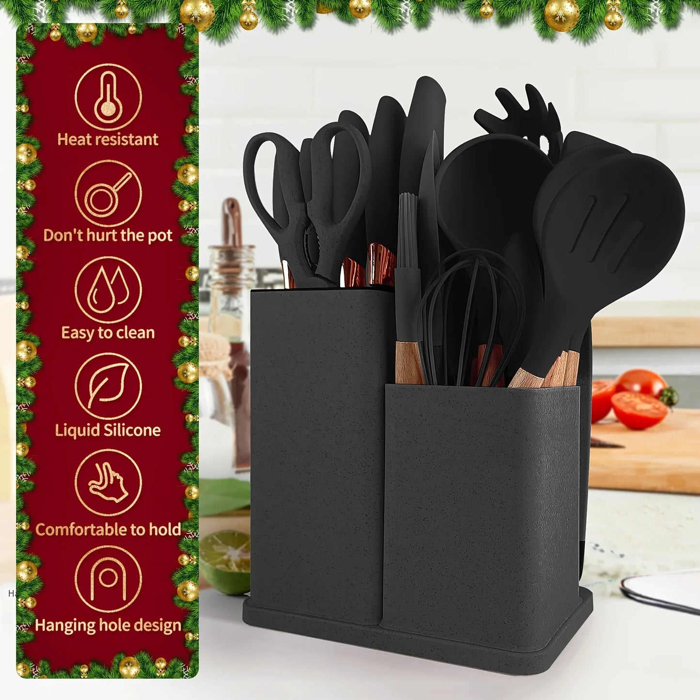 19 Pcs Heat-Resistant Silicone Kitchen Utensil Set w/ Knives Non-Stick Tools in Bamboo Storage Ideal for Hassle-Free Cooking
