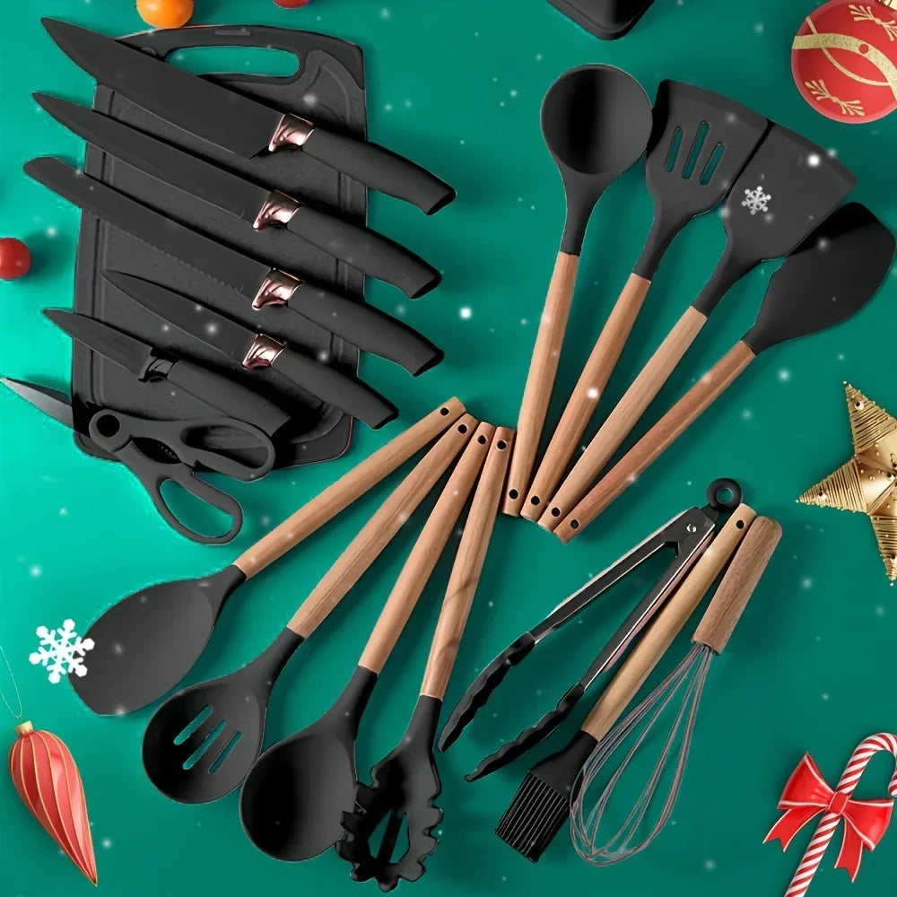19 Pcs Heat-Resistant Silicone Kitchen Utensil Set w/ Knives Non-Stick Tools in Bamboo Storage Ideal for Hassle-Free Cooking