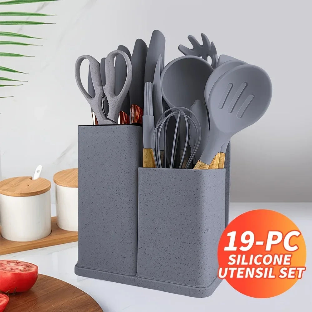 19 Pcs Heat-Resistant Silicone Kitchen Utensil Set w/ Knives Non-Stick Tools in Bamboo Storage Ideal for Hassle-Free Cooking