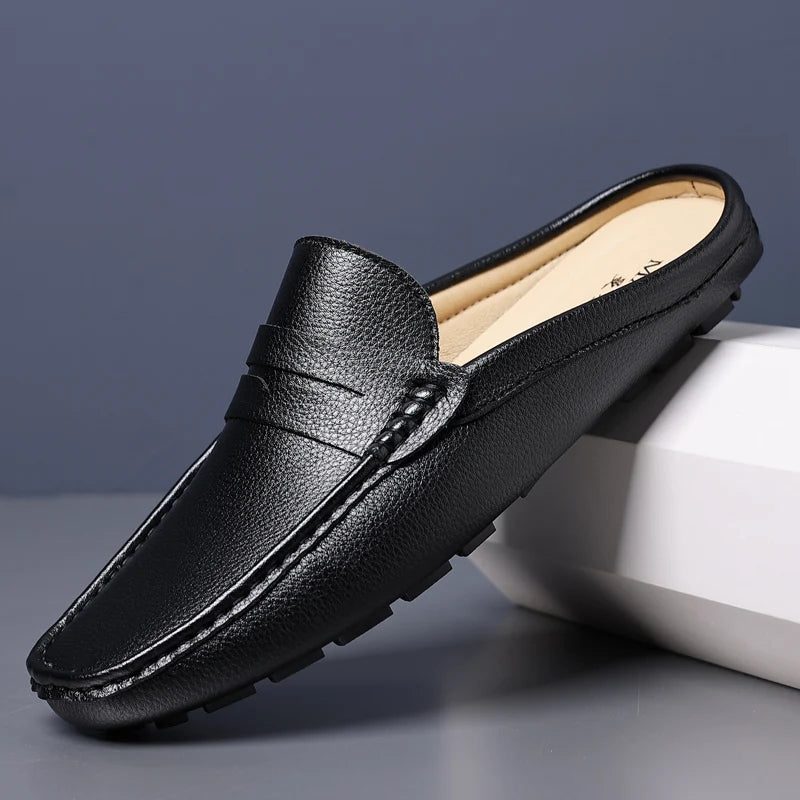 YRZL Loafers Summer Slip on Half Shoes for Men Leather Slippers Casual Breathable Comfy Loafers Moccasins Brown Black Beige