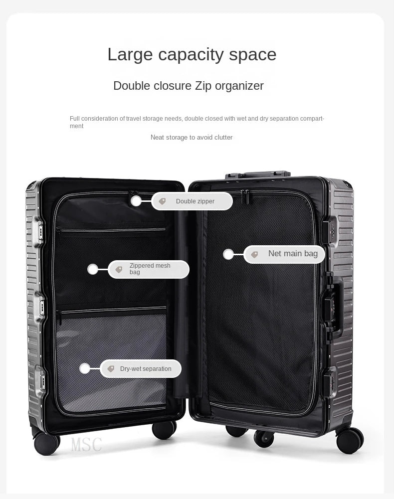 30 Inch Five-Wheel Aluminum Frame Multifunctional Cabin Suitcase with Password Trolley USB Cup Holder - Travel Luggage for Unisex