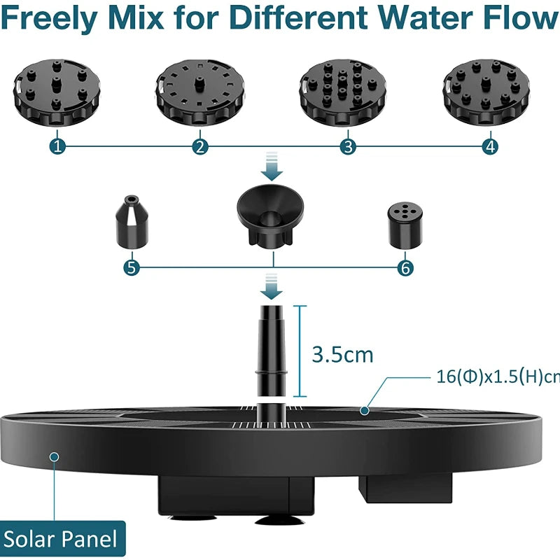 1.5W Solar Fountain Pump, with 6 nozzles Solar Bird Bath Fountain, Water Pump Floating Fountains Suitable for Ponds