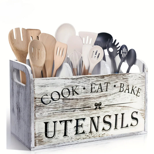 1pc Kitchen with Compartmentalized Cutlery Storage Rack, Rustic Style Wooden Countertop Organizer, Kitchenware Accessories