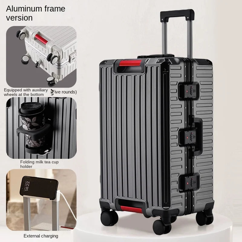30 Inch Five-Wheel Aluminum Frame Multifunctional Cabin Suitcase with Password Trolley USB Cup Holder - Travel Luggage for Unisex