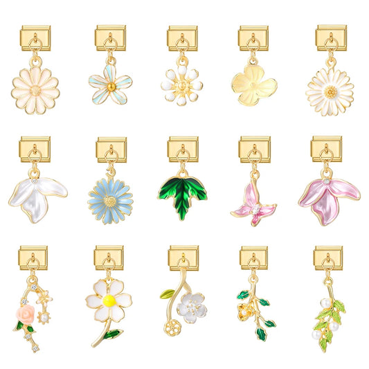 Y2K Elegant Flowers Leaves Gold Color Pendant Italian Charm Links Fit 9mm Stainless Steel Bracelet Women DIY Making Gifts