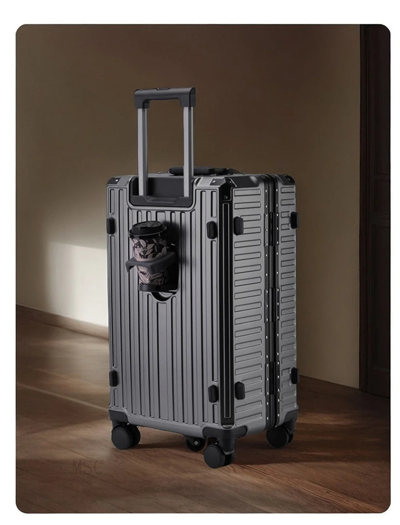 30 Inch Five-Wheel Aluminum Frame Multifunctional Cabin Suitcase with Password Trolley USB Cup Holder - Travel Luggage for Unisex