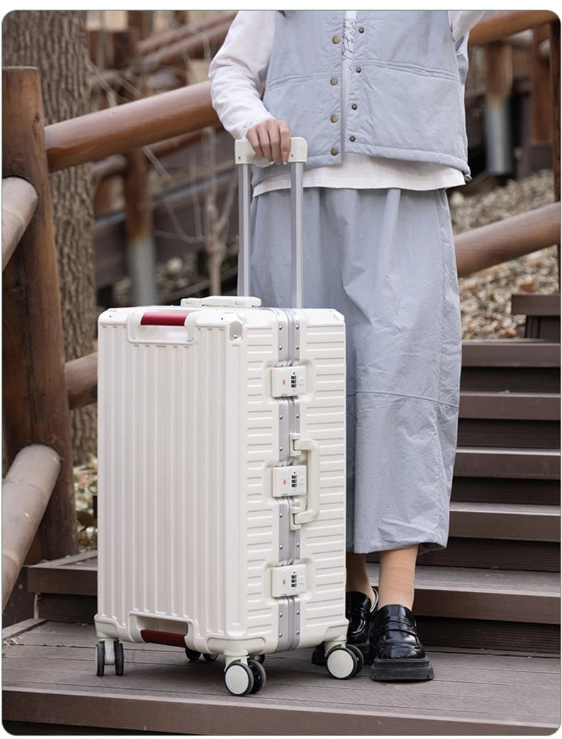 30 Inch Five-Wheel Aluminum Frame Multifunctional Cabin Suitcase with Password Trolley USB Cup Holder - Travel Luggage for Unisex