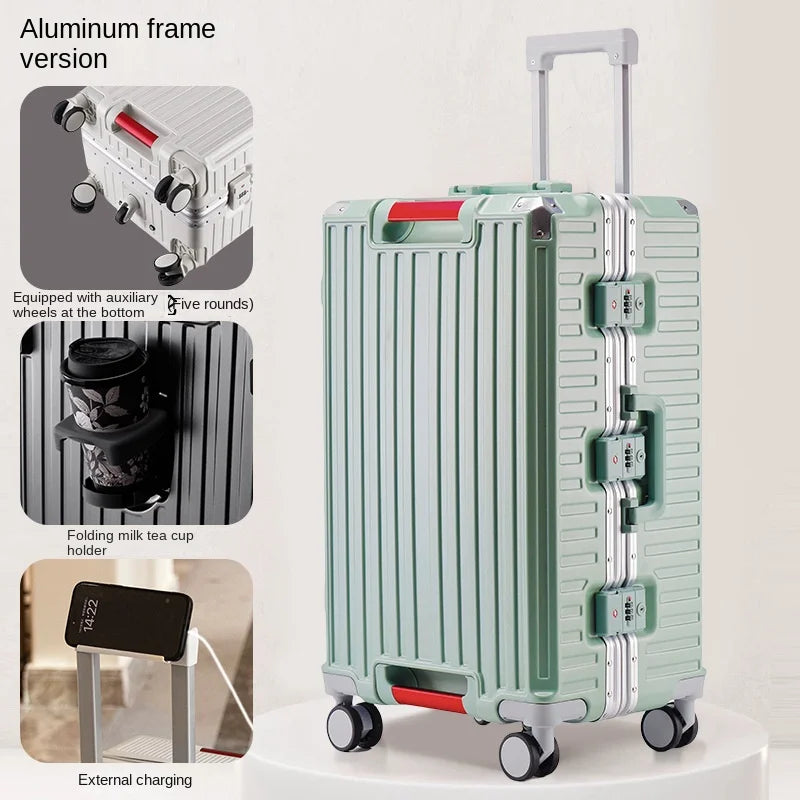 Five-wheel Aluminum Frame Suitcase 30 inch Multifunctional Cabin Password Trolley Case Luggage with USB Cup Holder Suitcases