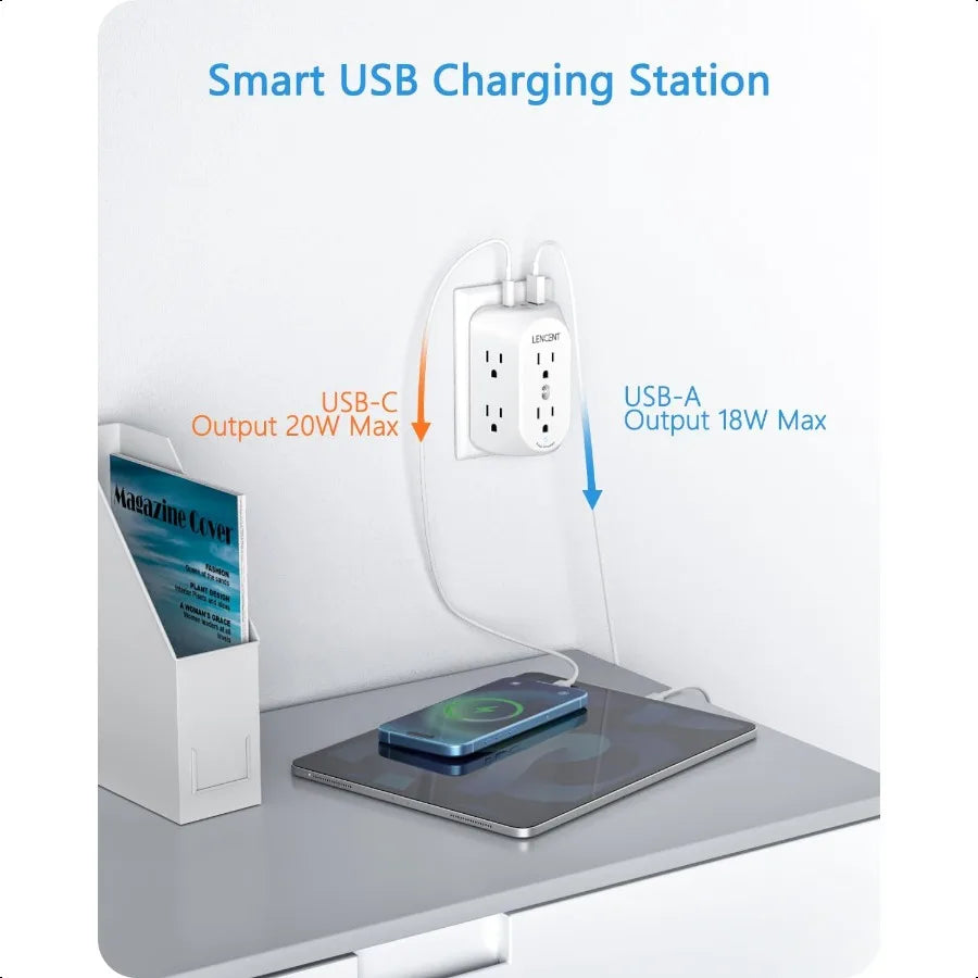 2 Prong Power Strip 3 to 2 Prong Grounding Adapter 6 Outlet PD20W 2 USB A Port 1728J Surge Protector 3Sided Wide Spaced Extende