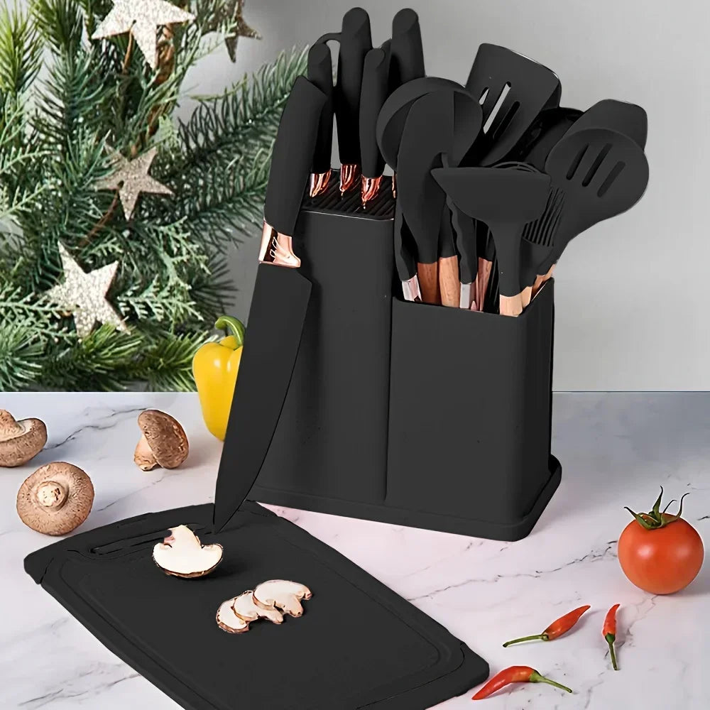 19 Pcs Heat-Resistant Silicone Kitchen Utensil Set w/ Knives Non-Stick Tools in Bamboo Storage Ideal for Hassle-Free Cooking