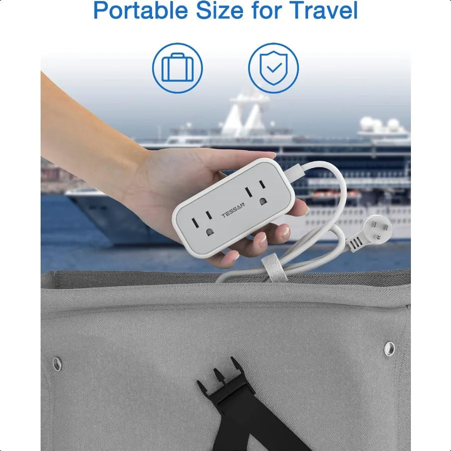 Small Power Strip Extension Cord with 2 AC Outlets 3 USB Ports Mini Desk Charging Station for Cruise Travel Office School Dorm