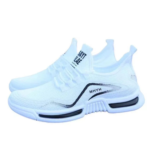 2025 new men's shoes, sports and trendy shoes, anti slip and casual running, fly woven breathable and comfortable white shoes