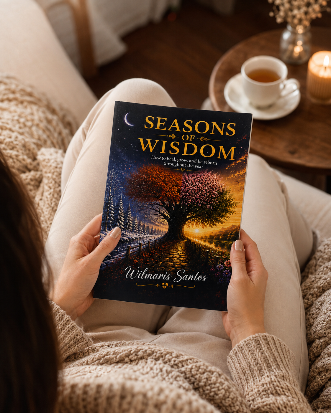 A person sitting in a cozy living room setting, holding a book titled 'SEASONS OF WISDOM' by Ulrike Sander. The book cover features a dark forest scene with a glowing tree and warm sunset colors.