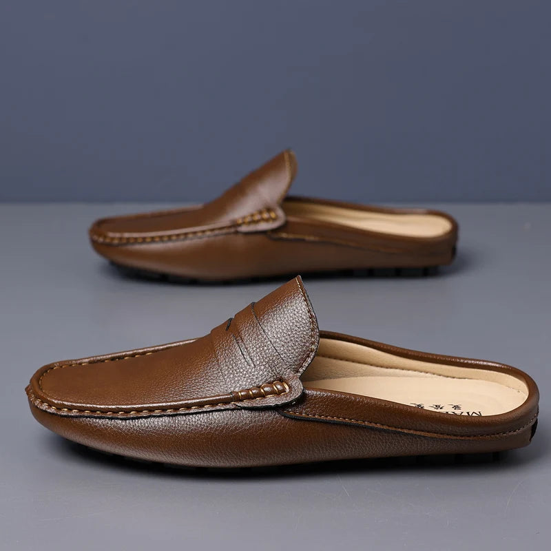 YRZL Loafers Summer Slip on Half Shoes for Men Leather Slippers Casual Breathable Comfy Loafers Moccasins Brown Black Beige