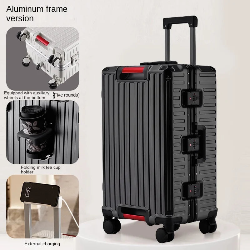 Five-wheel Aluminum Frame Suitcase 30 inch Multifunctional Cabin Password Trolley Case Luggage with USB Cup Holder Suitcases