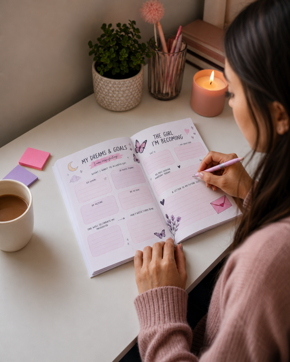A woman sits at a desk writing in an open planner or journal with pastel pink pages. The scene includes a cup of coffee, sticky notes, a small potted plant, a candle, and a pen cup in a softly lit indoor setting.