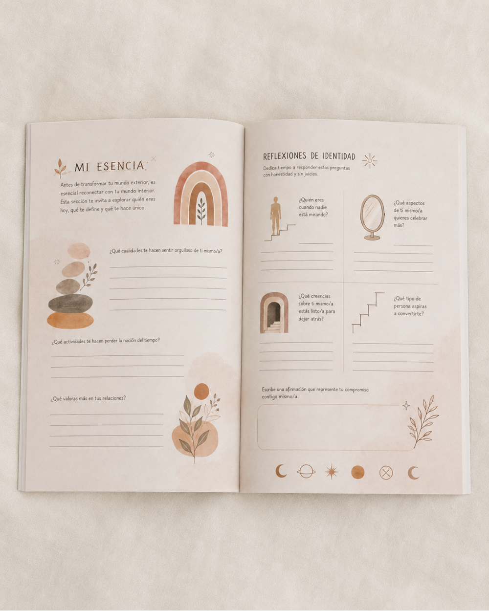 Transformandome by Wilmaris Santos, spread on a light neutral background, showing two printed pages with Spanish text, minimalist line drawings, and soft pastel illustrations including a rainbow, stones, leaves, and celestial symbols.