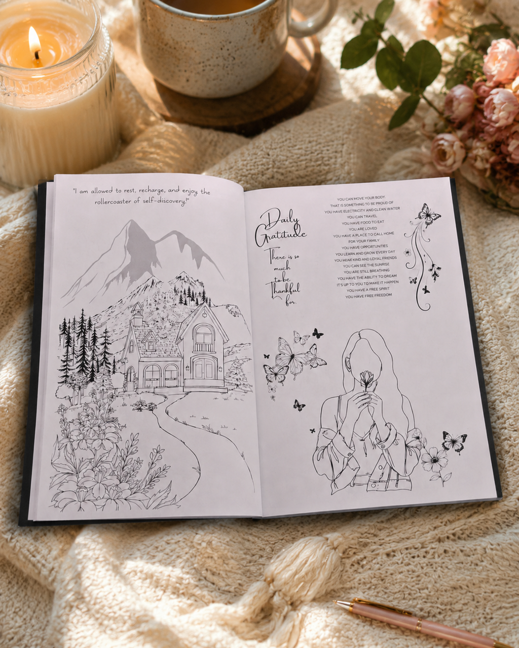 Metamorphosis Embrace The Beauty Within workbook laid on a knitted blanket, showing black line drawings and printed text on both pages. A lit candle, mug, flowers, and a pen are arranged around it in a cozy styled setting.