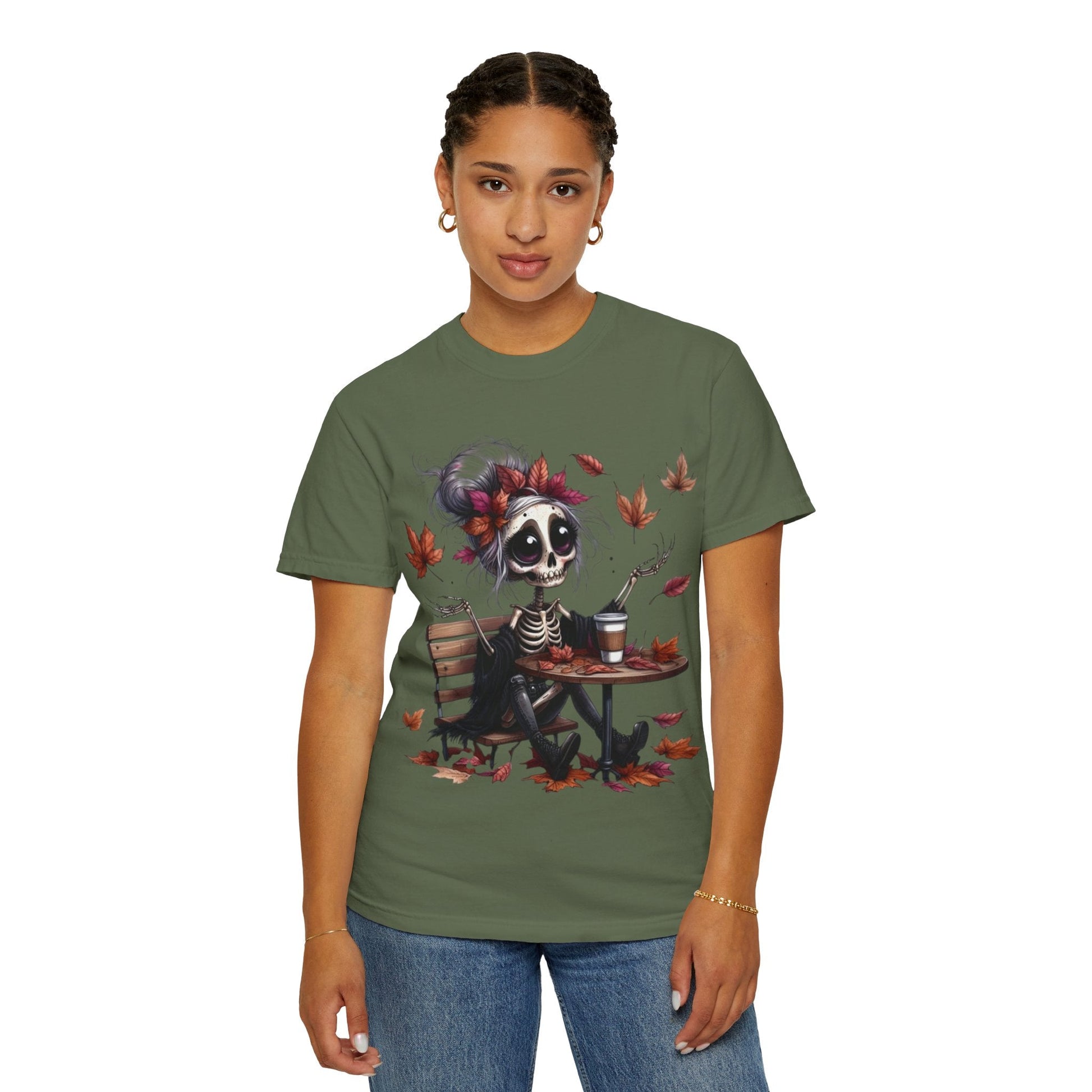 Autumn Vibe Skeleton Tee, Unisex Garment - Dyed T-shirt, Halloween Shirt, Fall Apparel, Skull Graphic Tee, Everyday Casual Wear - Metamorphosis Creations