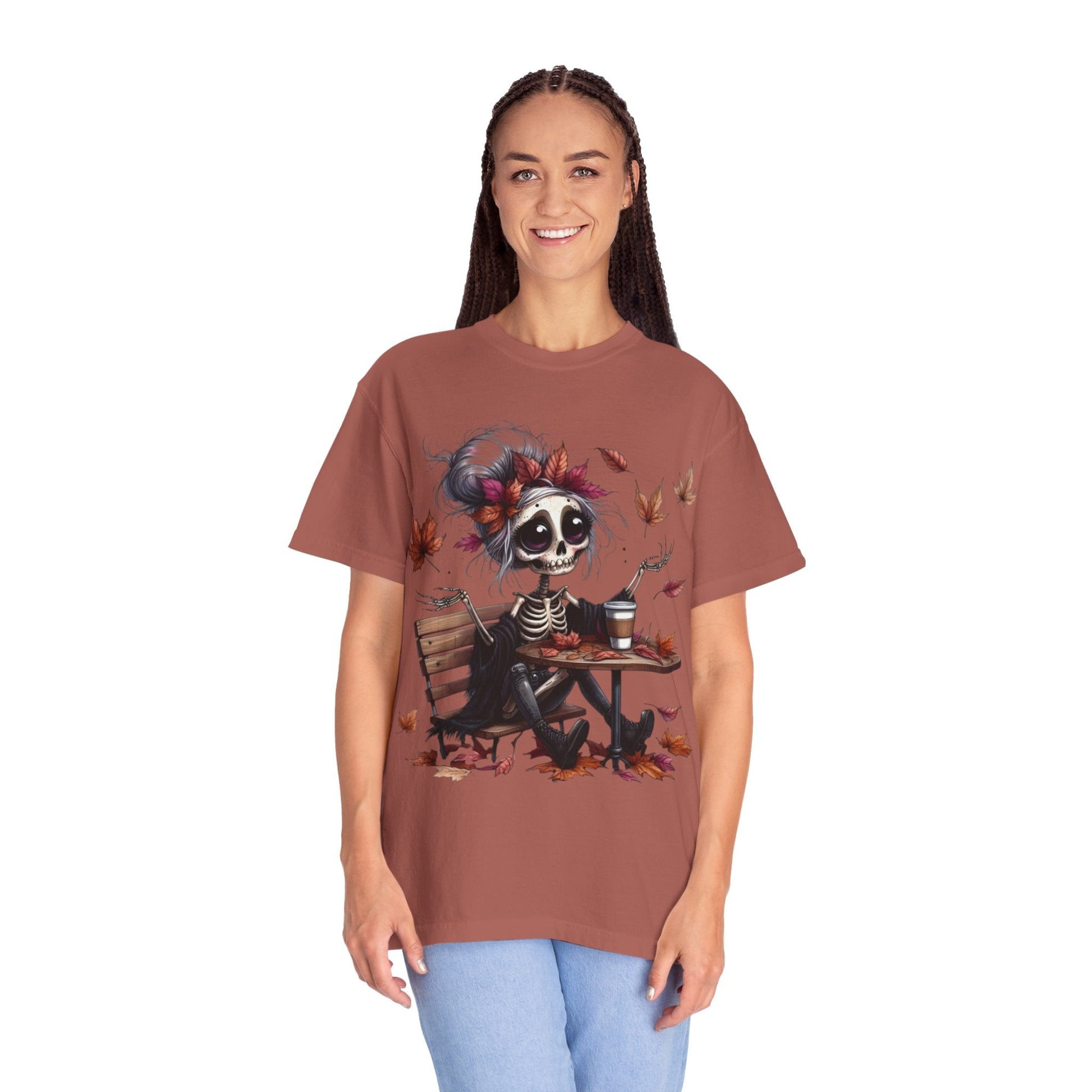Autumn Vibe Skeleton Tee, Unisex Garment - Dyed T-shirt, Halloween Shirt, Fall Apparel, Skull Graphic Tee, Everyday Casual Wear - Metamorphosis Creations