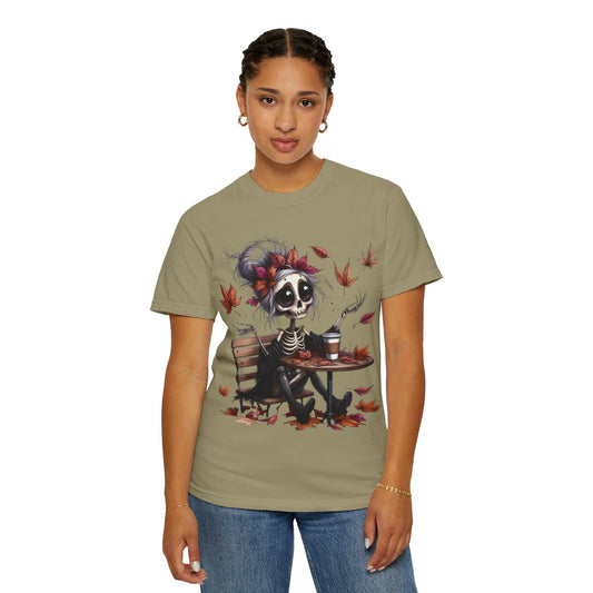 Autumn Vibe Skeleton Tee, Unisex Garment - Dyed T-shirt, Halloween Shirt, Fall Apparel, Skull Graphic Tee, Everyday Casual Wear - Metamorphosis Creations