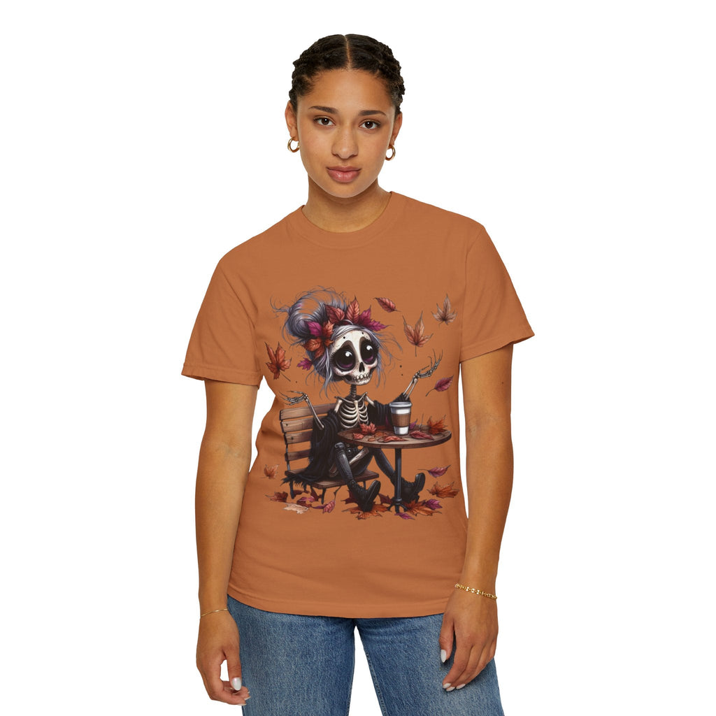 Autumn Vibe Skeleton Tee, Unisex Garment - Dyed T-shirt, Halloween Shirt, Fall Apparel, Skull Graphic Tee, Everyday Casual Wear - Metamorphosis Creations