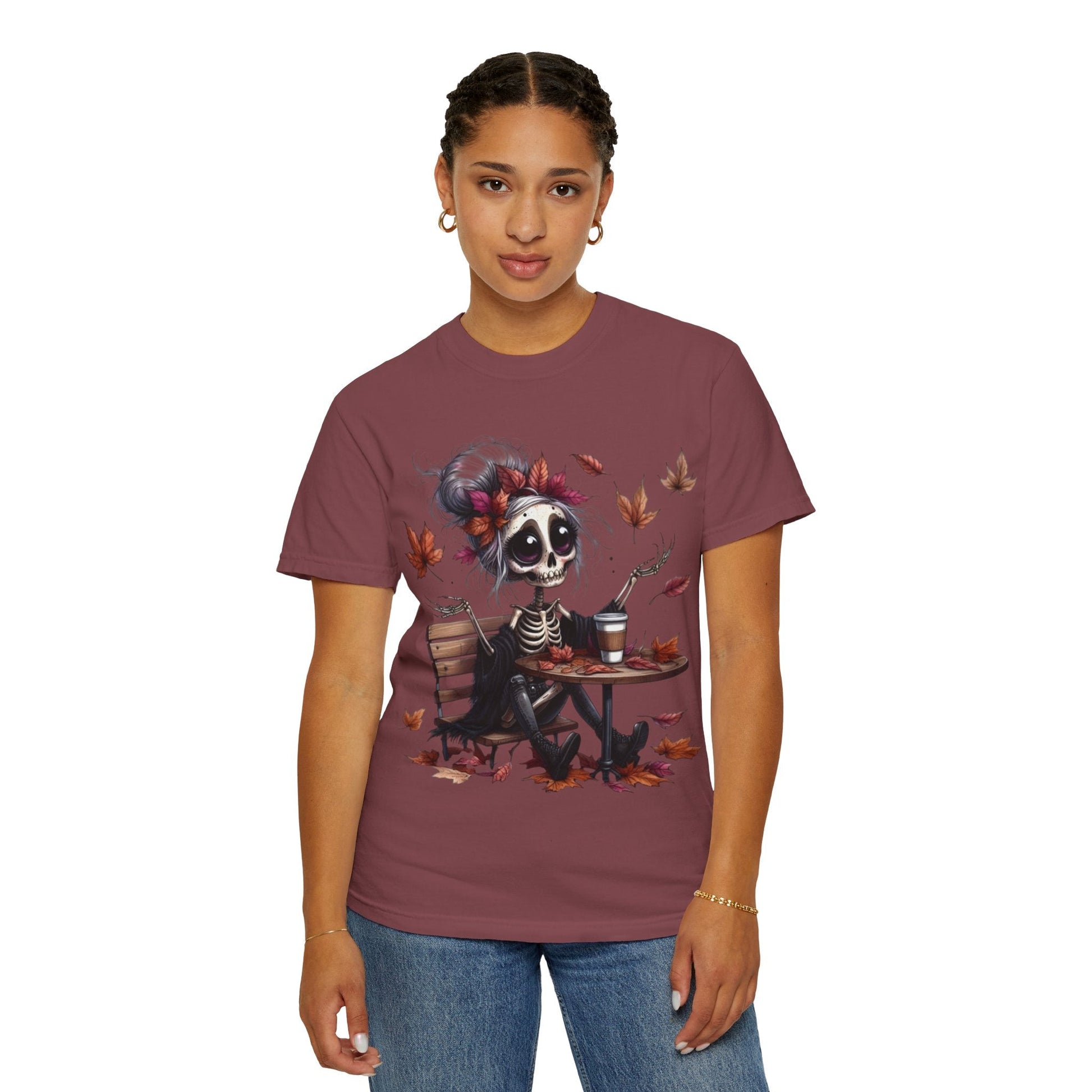 Autumn Vibe Skeleton Tee, Unisex Garment - Dyed T-shirt, Halloween Shirt, Fall Apparel, Skull Graphic Tee, Everyday Casual Wear - Metamorphosis Creations
