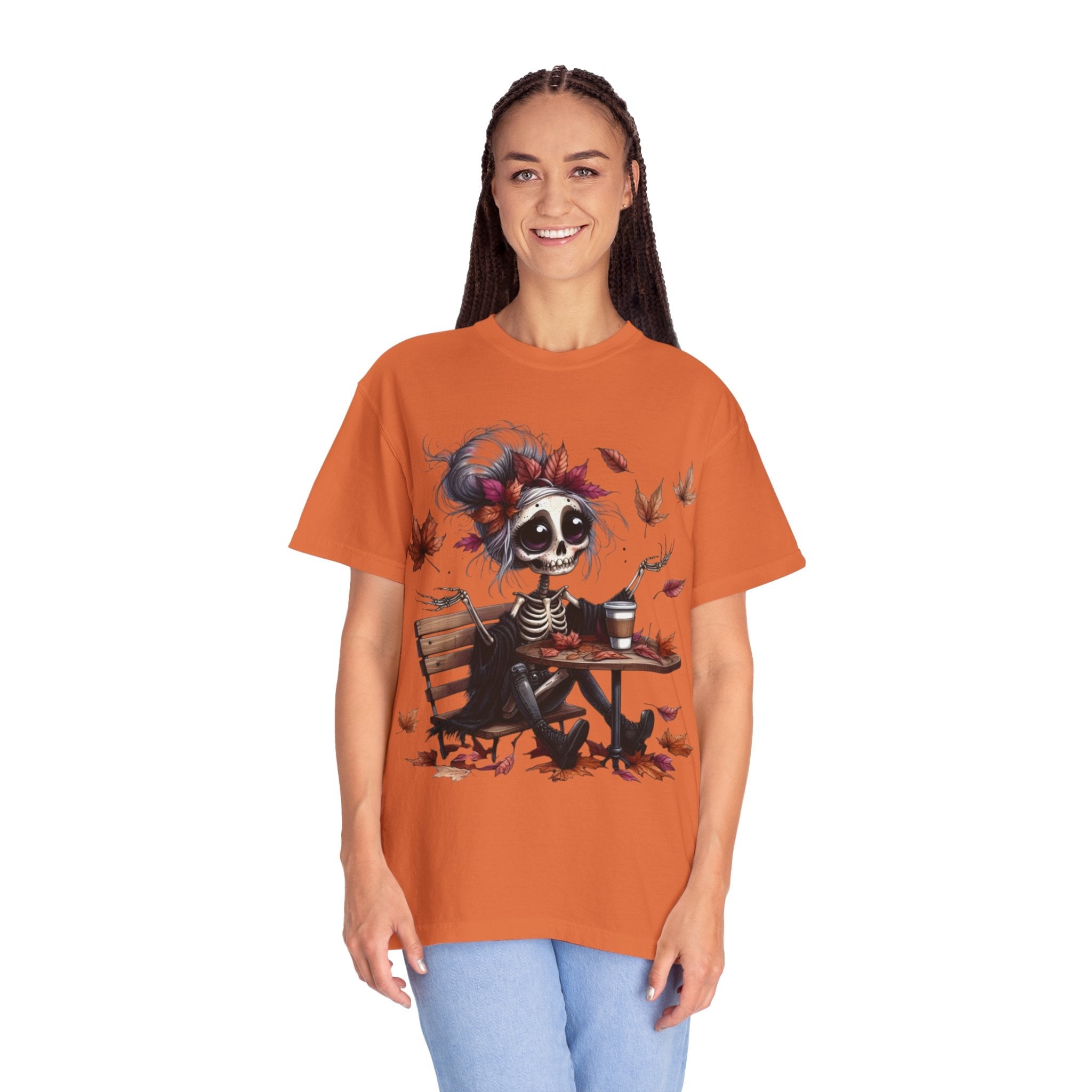 Autumn Vibe Skeleton Tee, Unisex Garment - Dyed T-shirt, Halloween Shirt, Fall Apparel, Skull Graphic Tee, Everyday Casual Wear - Metamorphosis Creations