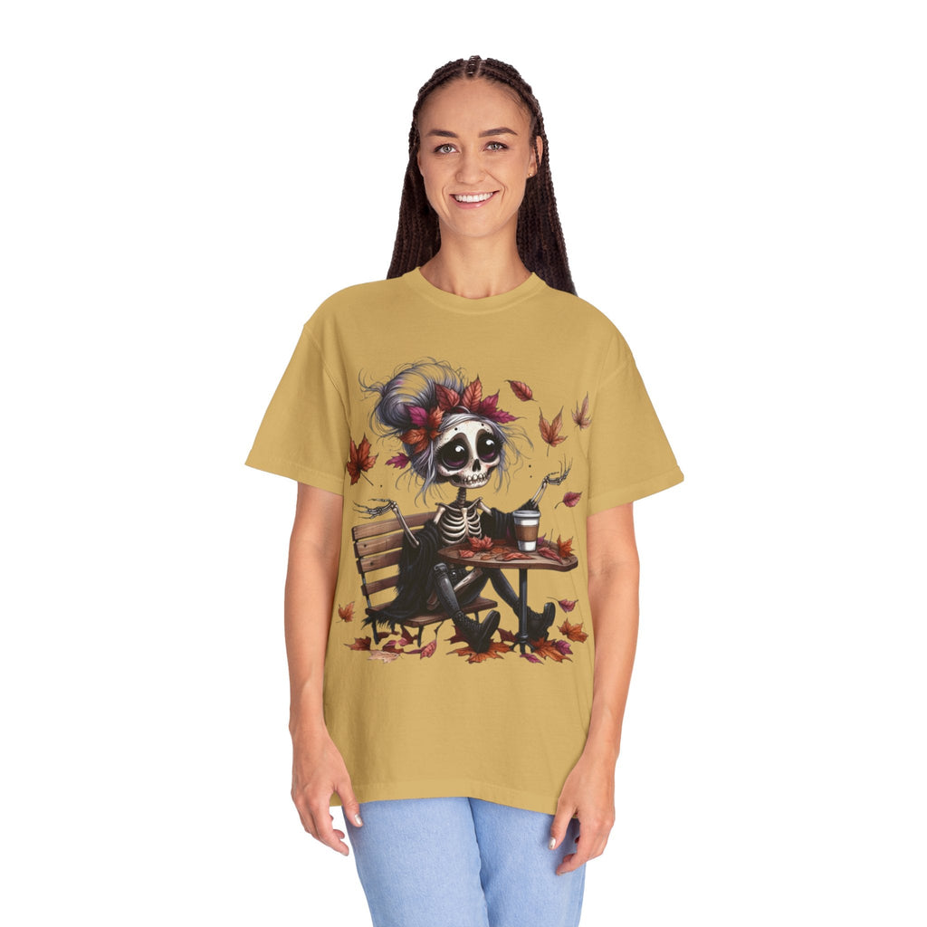 Autumn Vibe Skeleton Tee, Unisex Garment - Dyed T-shirt, Halloween Shirt, Fall Apparel, Skull Graphic Tee, Everyday Casual Wear - Metamorphosis Creations