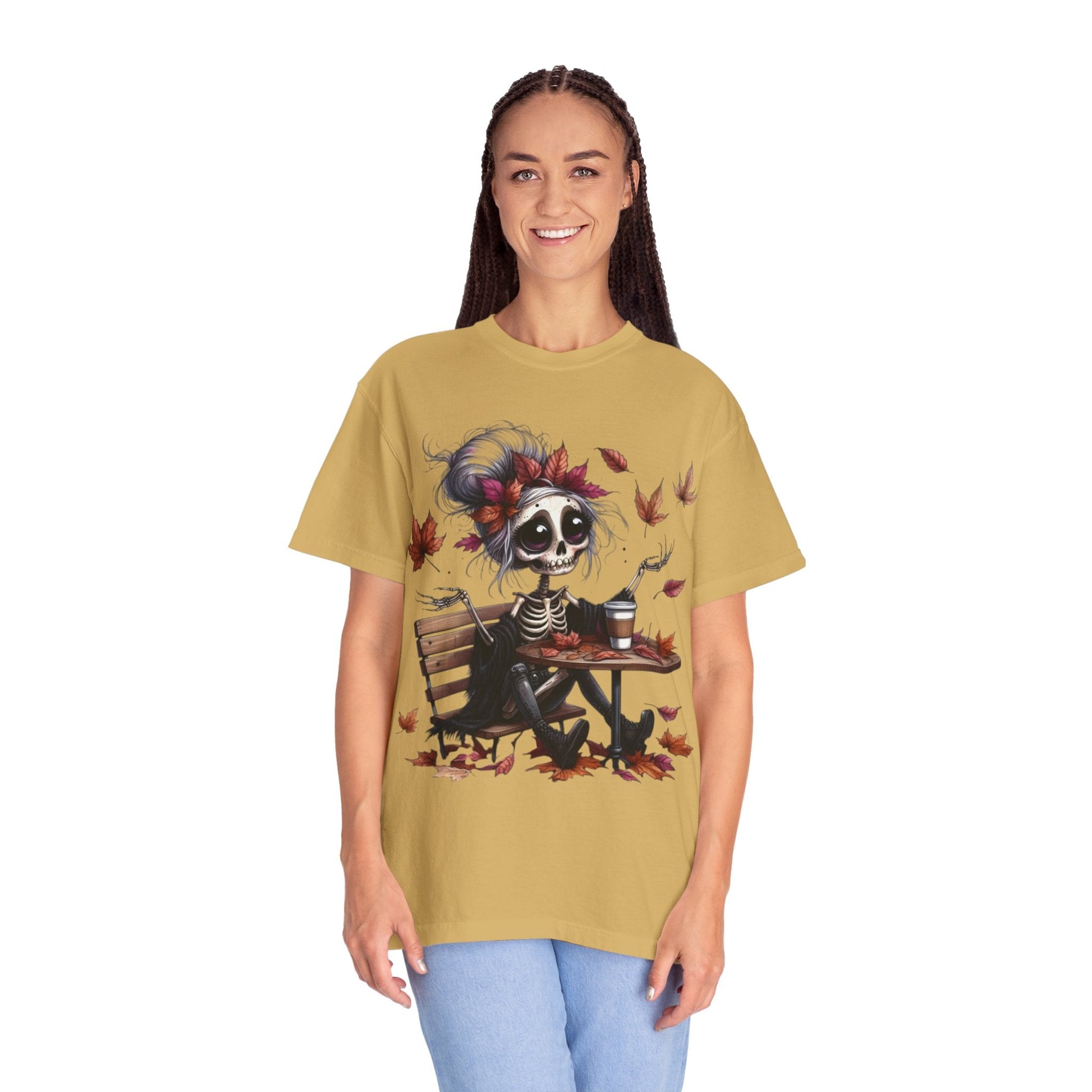 Autumn Vibe Skeleton Tee, Unisex Garment - Dyed T-shirt, Halloween Shirt, Fall Apparel, Skull Graphic Tee, Everyday Casual Wear - Metamorphosis Creations