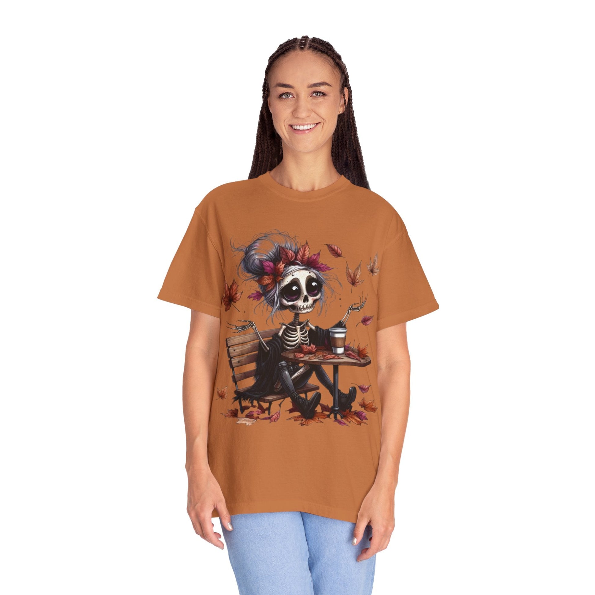 Autumn Vibe Skeleton Tee, Unisex Garment - Dyed T-shirt, Halloween Shirt, Fall Apparel, Skull Graphic Tee, Everyday Casual Wear - Metamorphosis Creations