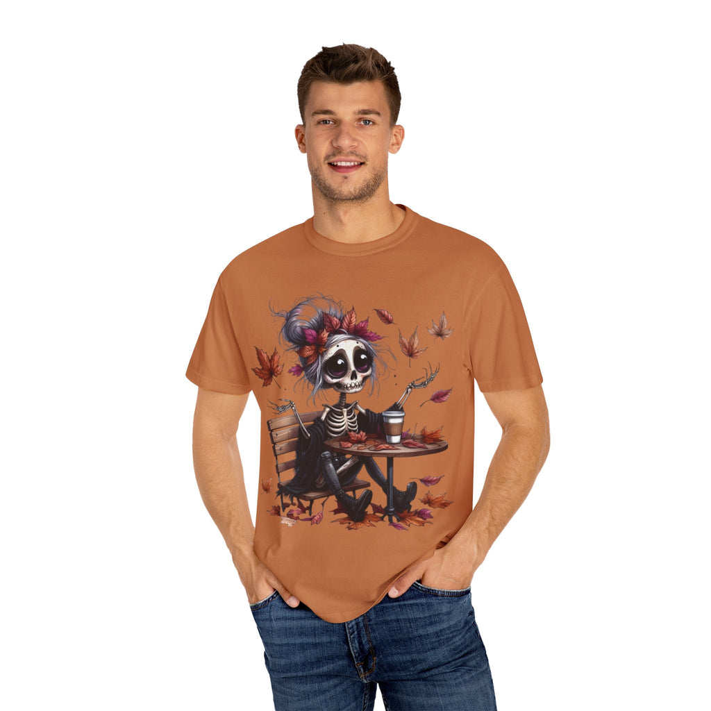 Autumn Vibe Skeleton Tee, Unisex Garment - Dyed T-shirt, Halloween Shirt, Fall Apparel, Skull Graphic Tee, Everyday Casual Wear - Metamorphosis Creations