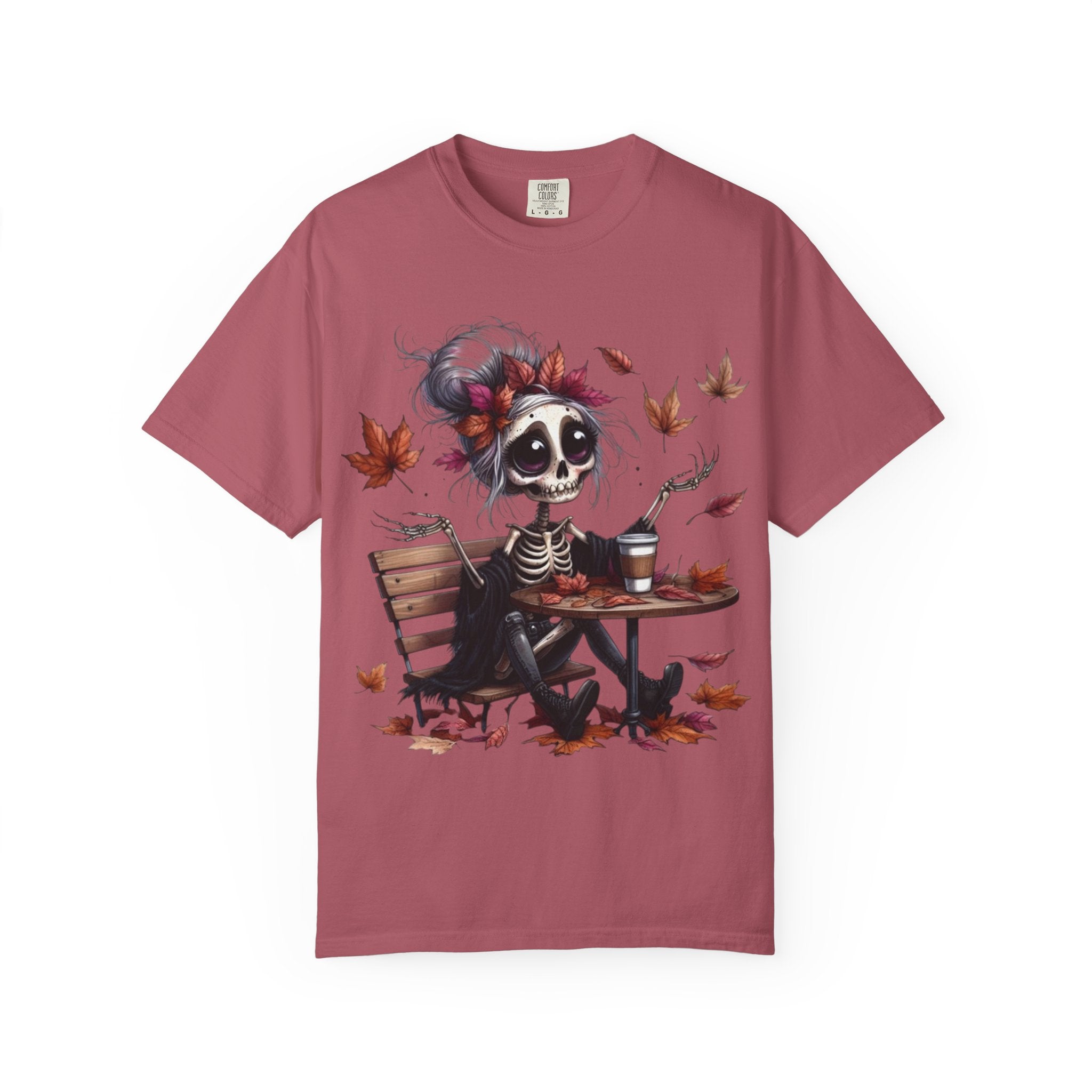 Autumn Vibe Skeleton Tee, Unisex Garment - Dyed T-shirt, Halloween Shirt, Fall Apparel, Skull Graphic Tee, Everyday Casual Wear - Metamorphosis Creations