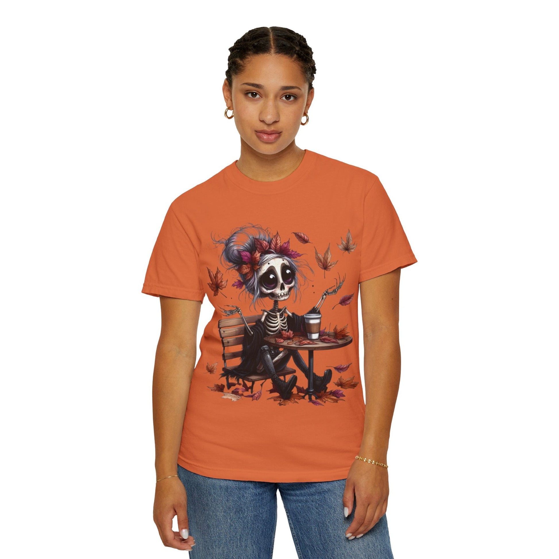 Autumn Vibe Skeleton Tee, Unisex Garment - Dyed T-shirt, Halloween Shirt, Fall Apparel, Skull Graphic Tee, Everyday Casual Wear - Metamorphosis Creations